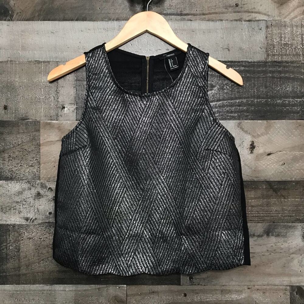 Forever 21 Metallic Woven Crop Tank Top Black Silver Festival Rave Witchy Size S